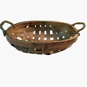 Vintage Oval Woven Bamboo Basket Twisted Handle Rustic Decor Cottage